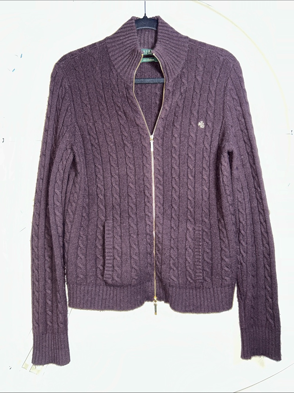 Lauren Ralph Lauren 100% Cashmere Cable Knit Full-Zip Mockneck Sweater - Brown